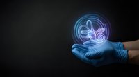 Gloved hands presenting holographic medical stethoscope with glowing neon effects on dark background for healthcare technology concepts.