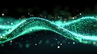 Glowing turquoise wave of particles flowing on dark background with bokeh light effects and sparkling dots creates magical atmosphere for technology designs.