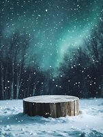 Wooden stump covered in snow against mystical winter forest background with falling snowflakes and turquoise night sky creating magical atmosphere.