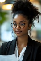 Young African American businesswoman with curly hair and glasses in professional attire at modern office workspace for corporate and career concepts.