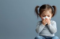 Young girl with pigtails blowing nose into tissue, sick child with cold or flu symptoms, healthcare and illness concept for medical content.