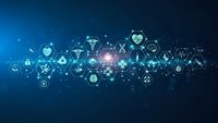 Digital healthcare technology network with medical icons and hexagonal patterns on blue gradient background for telemedicine applications.