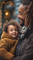 Joyful moment between African American father and young child sharing genuine laughter outdoors on winter evening, perfect for family-oriented advertising and emotional storytelling.