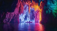 Mystical underground cave with colorful illuminated stalactites reflecting in calm water. Silhouette of small boat creates dreamy atmosphere in magical grotto.