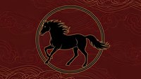 Black horse silhouette in golden circle on red background with traditional Asian cloud patterns for Chinese New Year and zodiac designs.