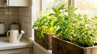 Fresh herbs growing in wooden planter box on sunny kitchen windowsill for cooking and culinary use in modern home interior.