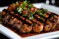 Grilled salmon fillet with caramelized glaze and fresh herbs garnish on white plate, drizzled with balsamic reduction sauce, close-up view showing grill marks.