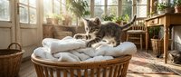 Young tabby cat resting on white cushioned wicker basket in sunlit room with potted plants and wooden furniture, suitable for pet care and home decor content.