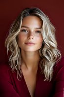 Young Caucasian woman with wavy blonde hair and natural makeup smiling softly against burgundy background. Professional portrait highlighting feminine beauty and confidence.