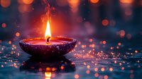 Traditional oil lamp with burning flame against dark background with bokeh lights, creating spiritual and festive atmosphere.