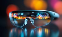 Mixed reality smart glasses with holographic interface display reflecting colorful lights on dark background with bokeh effect and mirror surface reflection.