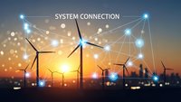 Wind turbines connected by digital network lines at sunset showing renewable energy system integration and smart grid technology for sustainable power generation.