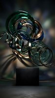 Abstract glass sculpture with metallic swirls on black pedestal, modern art installation with reflective surfaces and dynamic curves for contemporary design.