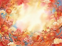 Lunar new year celebration background with red lanterns, cherry blossoms, and traditional ornaments framing a glowing center space for text or design overlay.