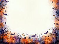 Halloween frame with pumpkins, bats, ghosts and spooky trees on gradient background. Autumn holiday border design for invitations and decorations.