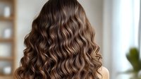 Back view of woman with long wavy brown hair showing professional salon styling. Soft curls cascade down creating luxurious volume and texture.