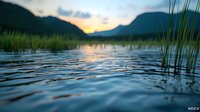 Tranquil lake surface with rippling water at sunset, mountain silhouettes on horizon and reed grass emerging from calm waters creating serene nature landscape.
