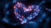 Glowing heart shape made of flowing light trails with sparkling particles on dark blue bokeh background for romantic designs and Valentine's Day projects.