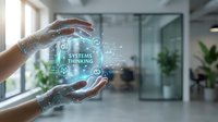 Professional hands protecting holographic systems thinking diagram with interconnected gears and icons in modern office environment for business strategy presentations.