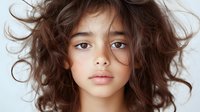 Young Hispanic woman with natural messy curly brown hair and minimal makeup looking directly at camera against light background, expressing confidence and natural beauty.