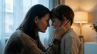 Loving mother and young son sharing tender moment with foreheads touching in cozy home interior. Warm family bonding scene for parenting content.