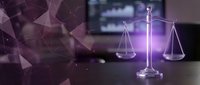 Digital justice scales with purple geometric overlay in modern office setting representing legal technology and law firm innovation.