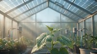 Young plant seedling with textured leaves growing in sunlit greenhouse environment with glass roof and blurred vegetation background, suitable for agriculture, gardening and sustainability concepts.