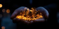 Glowing miniature cityscape held in cupped hands against dark background, illuminated buildings and skyscrapers creating magical urban scene with bokeh lights.