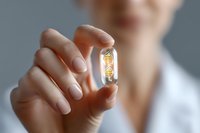 Asian woman in white holding glowing light bulb between fingers against gray background, demonstrating innovation and creative thinking concept.