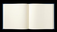 Open hardcover book with blank cream pages and blue spine, isolated on transparent background. Ready for clipart, stickers, print on demand, and t-shirt design use.
