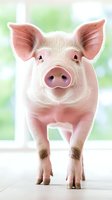 Adorable pink piglet standing on wooden floor with bright green bokeh background. Cute farm animal portrait for agriculture and livestock concepts.