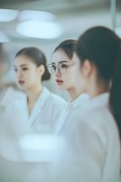 Young Asian women professionals in white business attire at corporate meeting. Focus on central figure wearing glasses with soft bokeh lighting effect.