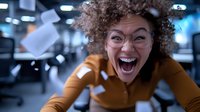 Mixed race businesswoman with curly hair and glasses expressing extreme joy and excitement in office environment, wearing mustard yellow sweater, papers flying in background.
