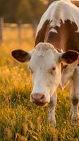 Brown and white dairy cow grazing in golden sunset pasture with warm lighting and rural farm atmosphere for agriculture and livestock concepts.