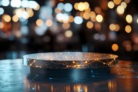 Glowing circular platform with golden light trails against blurred bokeh background creates magical display surface for product presentation.