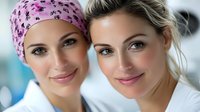 Supportive friendship between cancer patient wearing pink headscarf and caring friend at medical center, representing hope, strength and emotional support during treatment.