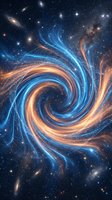 Cosmic spiral vortex with swirling blue and orange energy streams against starfield backdrop, featuring glowing particles and distant galaxies for astronomy and space exploration designs.