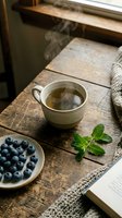 Steaming cup of tea with fresh blueberries and mint leaves on rustic wooden table near window, perfect for wellness, lifestyle, and food photography projects.