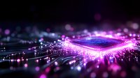 Glowing microprocessor chip with pink and purple neon light effects on dark background, futuristic circuit board with digital energy streams and bokeh elements.