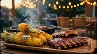 Grilled corn on the cob and barbecue ribs on wooden board at outdoor summer party with string lights creating warm evening atmosphere for backyard dining.