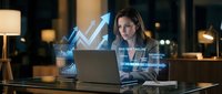 Professional businesswoman analyzing financial data with holographic charts and growth arrows in modern office environment during evening work session.