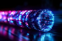 Glowing digital tunnel with blue and pink neon lights creating futuristic cyber corridor effect, reflecting on dark surface with bokeh background.
