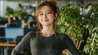 Young Caucasian woman with messy bun hairstyle wearing gray sweater smiling in modern kitchen with green plants background for lifestyle content.