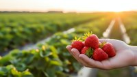 Fresh ripe strawberries in cupped hands at organic farm during golden hour sunset with green crop rows and pathway in agricultural field background.