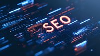 Glowing SEO text on digital background with blue and orange light streaks, representing search engine optimization technology for online marketing.
