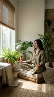 Young Asian woman meditating in peaceful home interior with houseplants and natural light streaming through bamboo blinds for wellness and mindfulness.
