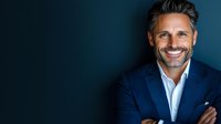 Confident mature businessman with gray hair and stubble wearing navy blue suit jacket against dark background, arms crossed, genuine smile.