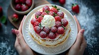Fresh raspberries and whipped cream top a delicate layered cream cake dusted with powdered sugar, served on white plate against dark background.