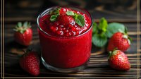 Fresh strawberry smoothie garnished with mint leaves in glass on rustic wooden background with scattered berries, vibrant red color and creamy texture.