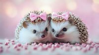 Two adorable hedgehogs wearing pink bows snuggle together among scattered heart confetti on pink bokeh background, creating romantic Valentine's Day scene.